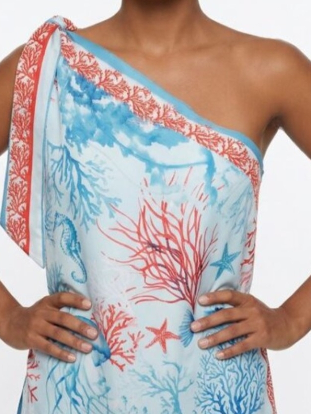WHBM Azul Claro One-Shoulder Seashell Print Top in Blue & Coral